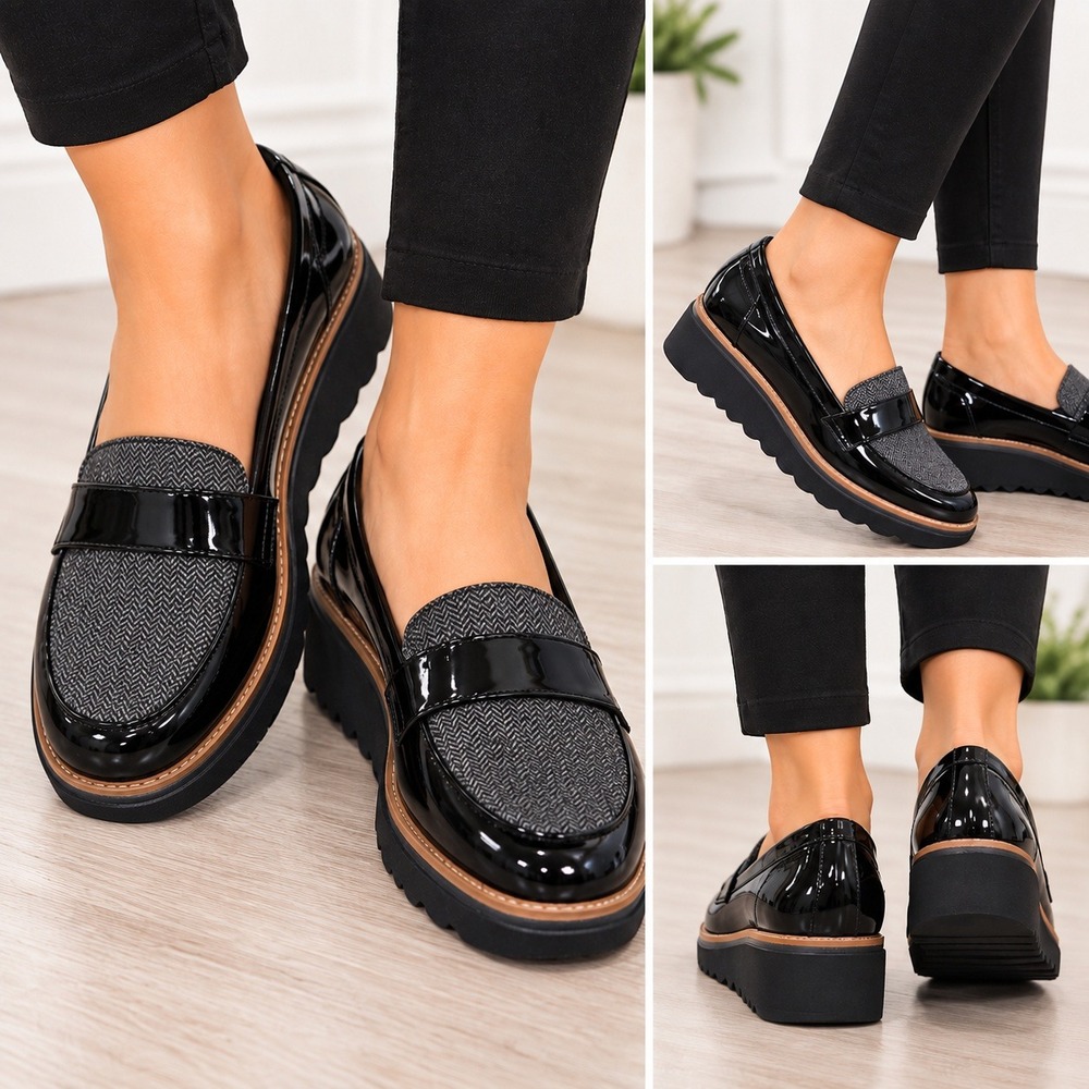 Clarks Collection Womens Black Patent Herringbone Platform Loafers Size 8 US